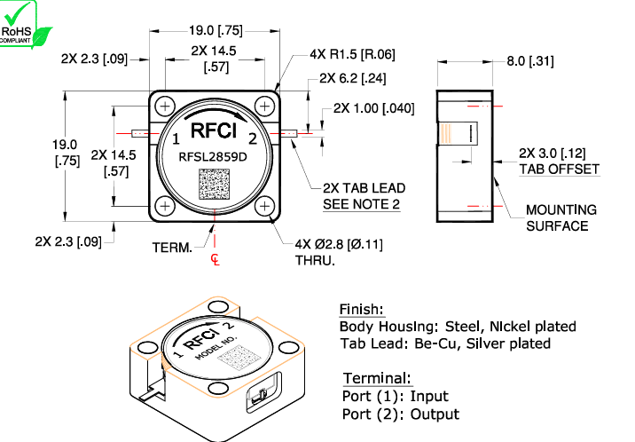 RFCI RFSL2859D插入式法蘭安裝環(huán)形隔離器3.3-3.8GHz